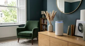 A minimalist white desk air purifier blending into a contemporary British living room interior.