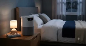 An ultra-quiet HEPA air purifier for bedroom operating in low-noise night mode with dimmed lights beside a double bed.