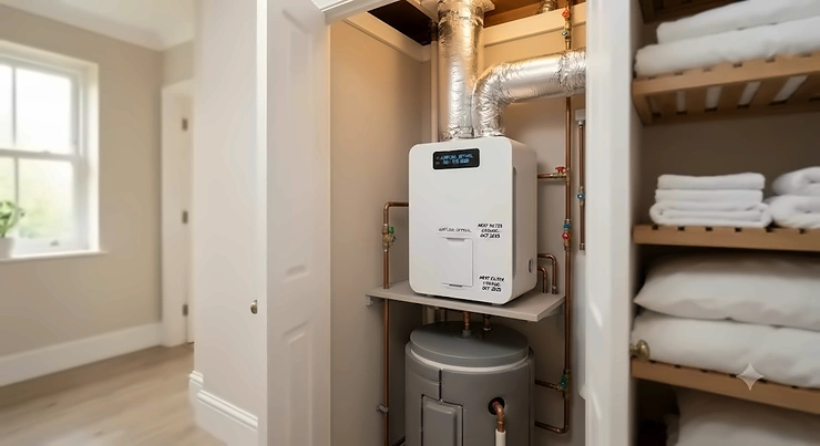 A modern whole house air purifier unit professionally installed in a British home airing cupboard