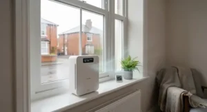 Clear double-glazed window in a UK home, showing how a whole house air purifier prevents condensation and mould