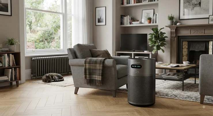 Modern activated carbon air purifier operating quietly in a stylish British living room to improve indoor air quality.