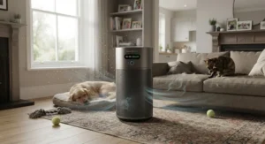 Activated carbon air purifier effectively neutralising pet dander and odours in a family home.