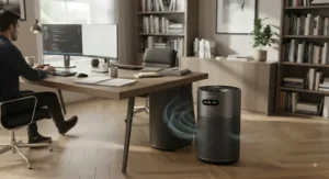 Professional activated carbon air purifier improving air quality in a busy home office setting.