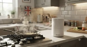 A powerful activated carbon air purifier in a British kitchen, efficiently clearing cooking smells and smoke for under £100.