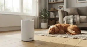 An efficient activated carbon air purifier helping to reduce pet dander and allergens in a living room, priced under £100.