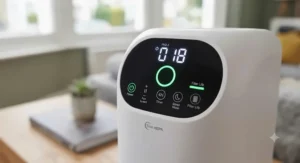 Illuminated LED touch panel on a true HEPA air purifier under £100 showing indoor air quality status