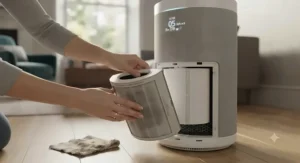 A homeowner replacing the filter inside a HEPA and carbon filter air purifier for allergies as part of routine upkeep.