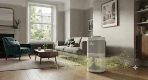 Demonstration of a HEPA and carbon filter air purifier for allergies filtering out spring pollen during British hay fever season.