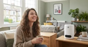 Person smiling near a true HEPA air purifier under £100, enjoying relief from seasonal hay fever symptoms