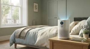 H13 HEPA air purifier placed in a British bedroom for hay fever and allergy relief.