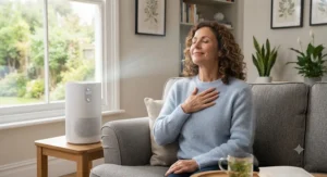 A person breathing easier at home thanks to a high-performance HEPA carbon air purifier for allergy relief.