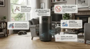Infographic highlighting the health benefits of using an activated carbon air purifier for asthma and allergy sufferers.