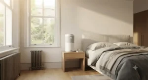 A HEPA and carbon filter air purifier for allergies positioned on a bedside table to help reduce hay fever symptoms.