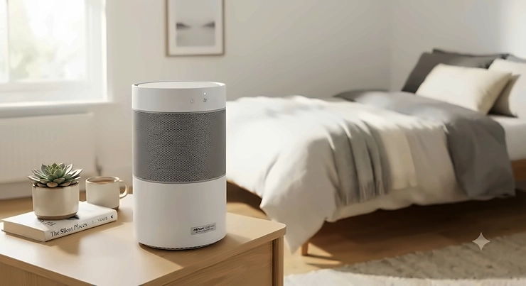 A sleek, compact activated carbon air purifier designed for small flats and bedrooms, priced under £100.