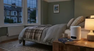 Quiet true HEPA air purifier under £100 operating on a bedside table in a cosy UK bedroom at night