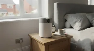 A compact H14 HEPA air purifier set on a bedside table, budget-friendly and efficient.