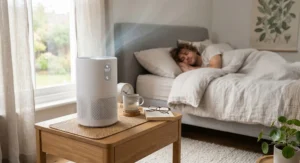 Compact HEPA carbon air purifier on a bedside table to improve air quality while sleeping.