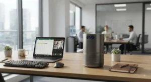 A compact medical-grade H14 HEPA air purifier positioned on a desk in a professional office environment.