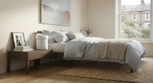 Compact true HEPA air purifier for allergies running quietly on a bedside table in a master bedroom.