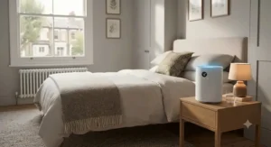 Compact true HEPA air purifier placed on a bedside table in a UK flat