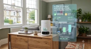 Infographic showing low energy consumption and running costs for a true HEPA air purifier under £100