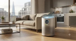 Energy-efficient H13 HEPA air purifier running quietly in a modern London flat.