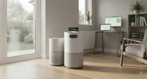A modern, energy-efficient medical-grade H14 HEPA air purifier designed for sustainable use in UK homes.