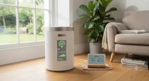 Energy-efficient HEPA carbon air purifier display showing low power consumption for continuous home use.