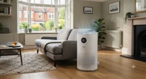 An overview of the sleek design of an H13 HEPA air purifier for allergies.
