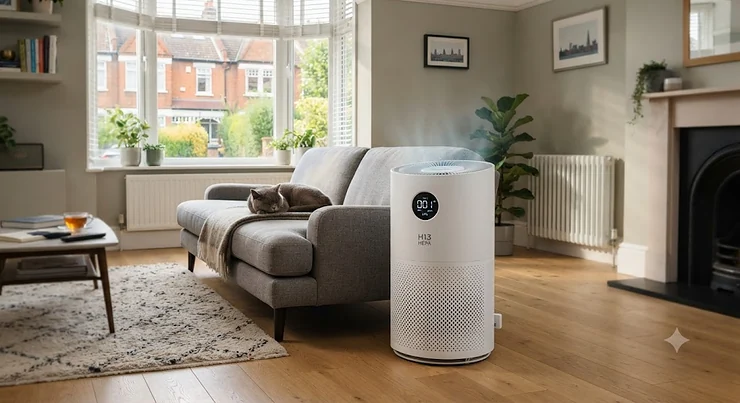 An H13 HEPA air purifier for allergies positioned in a modern British living room.
