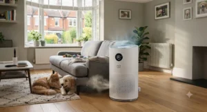 An H13 HEPA air purifier for allergies capturing pet dander and hair in a family home.
