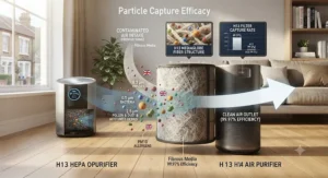 Diagram illustrating particle capture efficiency of an H13 HEPA filter in British households.