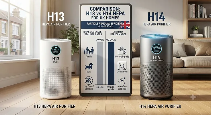Comparison chart showing H13 vs H14 HEPA air purifier efficiency levels for UK homes.