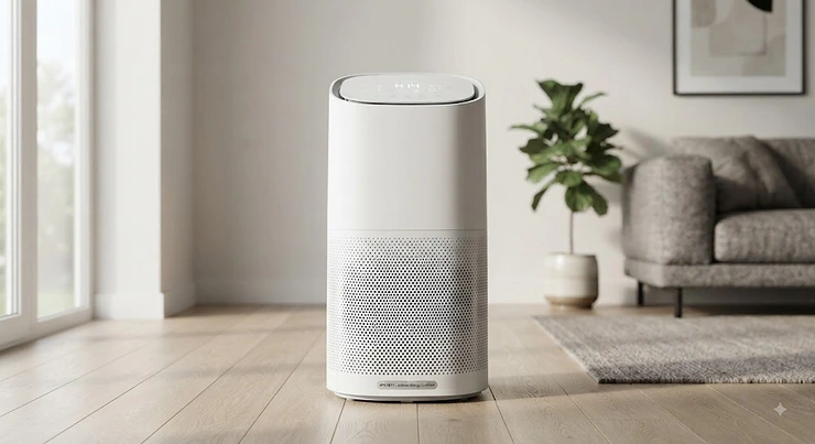 White H14 HEPA air purifier for asthma standing upright in a modern room, designed for allergen removal.