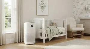 H14 HEPA air purifier for asthma positioned in a brightly lit baby nursery to protect against indoor allergens.