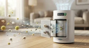 Illustration showing an H14 HEPA air purifier for asthma trapping microscopic pollen, dust mites, and pet dander.