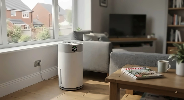 A sleek H14 HEPA air purifier ideal for a British living room, priced under £300.