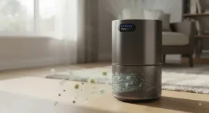 A close-up demonstration of a medical-grade H14 HEPA air purifier removing dust, pollen, and pet dander from the air.