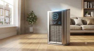 H14 medical grade HEPA air purifier unit operating in a living room.