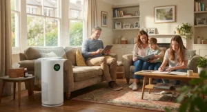 Family relaxing indoors during hay fever season with a high-performance true HEPA air purifier for allergies.