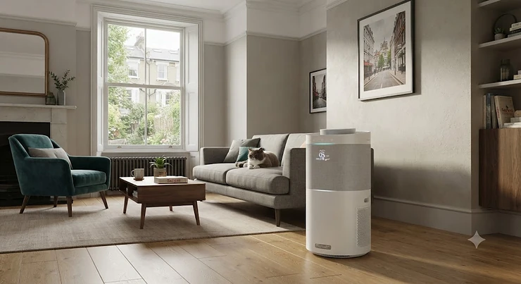 A sleek HEPA and carbon filter air purifier for allergies operating quietly in a modern British living room.