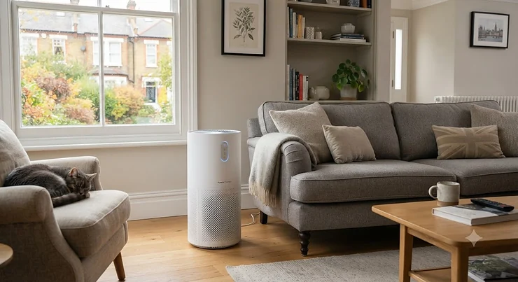 A sleek HEPA carbon air purifier blending into a modern British living room interior.
