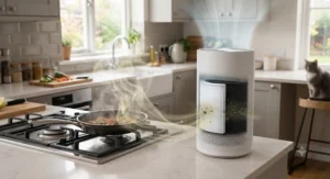 An air purifier with HEPA and carbon filters effectively neutralising cooking smells in a kitchen.