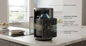 Diagram showing how an activated carbon air purifier trap cooking smells and household odours.