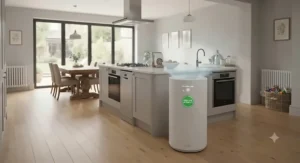Large capacity true HEPA air purifier positioned in an open-plan kitchen and dining area