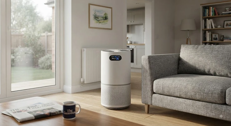 A sleek, medical-grade H14 HEPA air purifier placed in a modern British living room to improve indoor air quality.