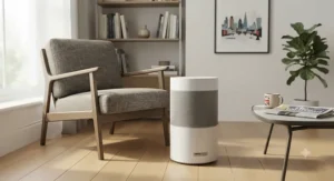 A minimalist white activated carbon air purifier blending into a contemporary British living room, a great budget option under £100.