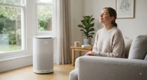 Person breathing easily and comfortably in a room with an active H14 HEPA air purifier for asthma relief.