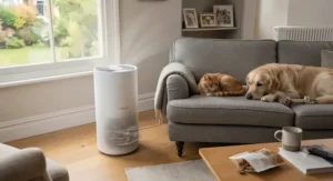 A quiet HEPA carbon air purifier working in a home with pets to remove dander and pet odours.