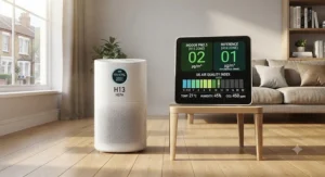 Digital air quality monitor displaying PM2.5 readings next to an H13 vs H14 HEPA air purifier.